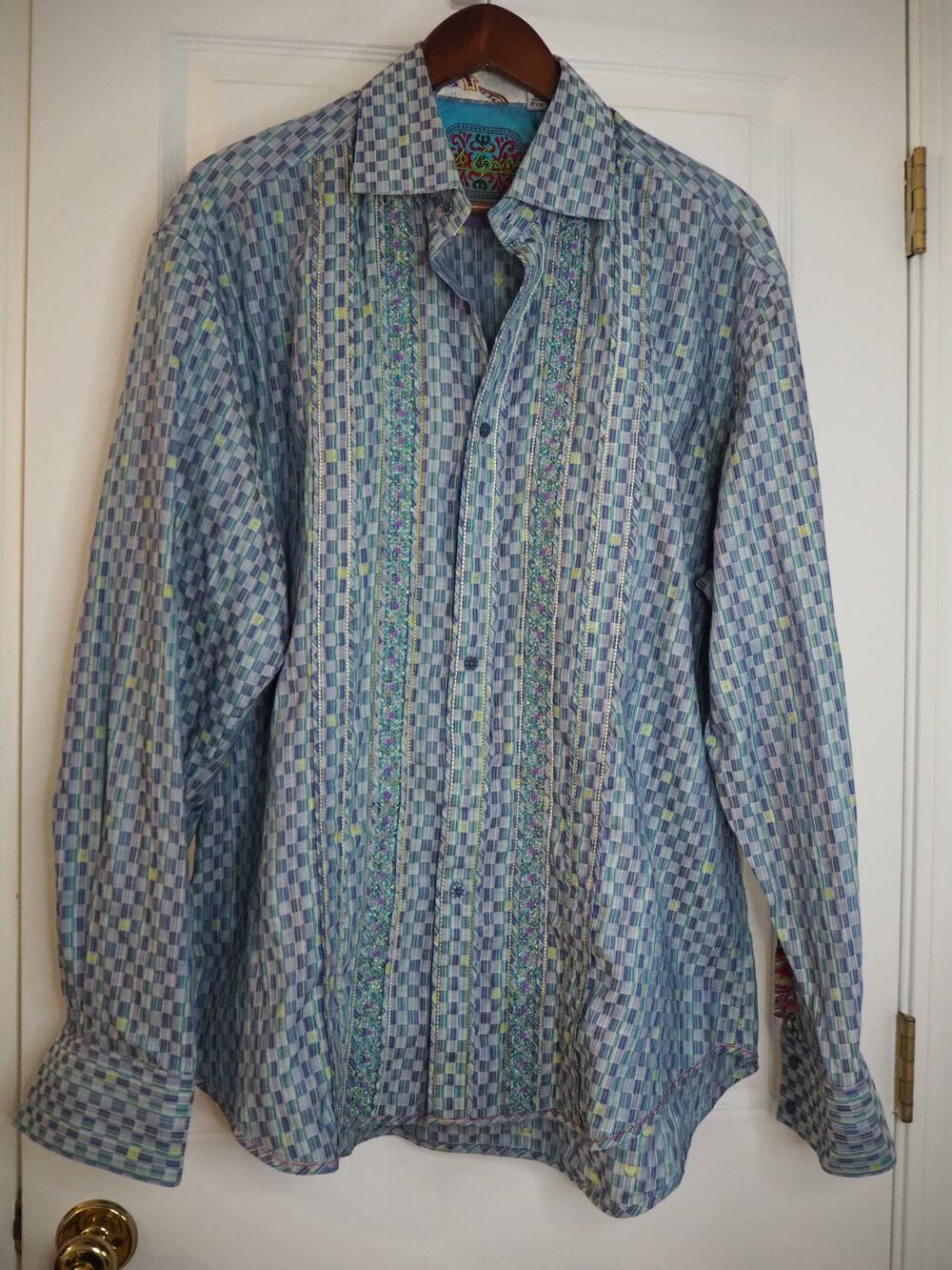 Robert Graham Mens XL Blue Check Embroidered Flip Cuff Button Down Shirt